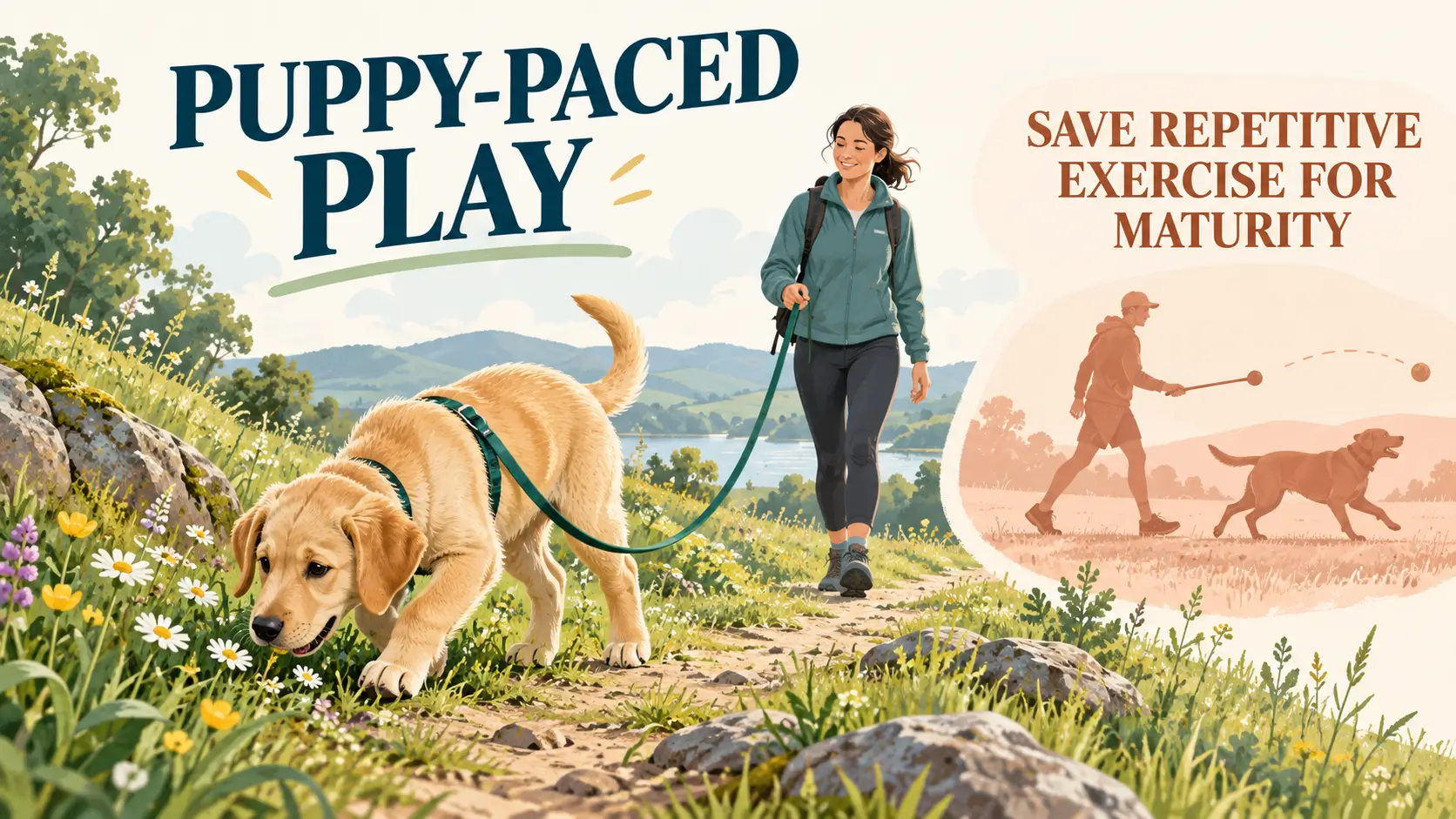 Infographic showing three types of puppy activity, from free play (fine from day one) to running and skiing (wait for growth plate closure), and the earliest age to begin running by breed size: 10 to 12 months for small breeds up to 18 to 24 months for giant breeds.